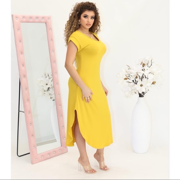 V-NECK TUNIC PLUS SIZE MAXI DRESS Mustard color - Picture 4 of 6